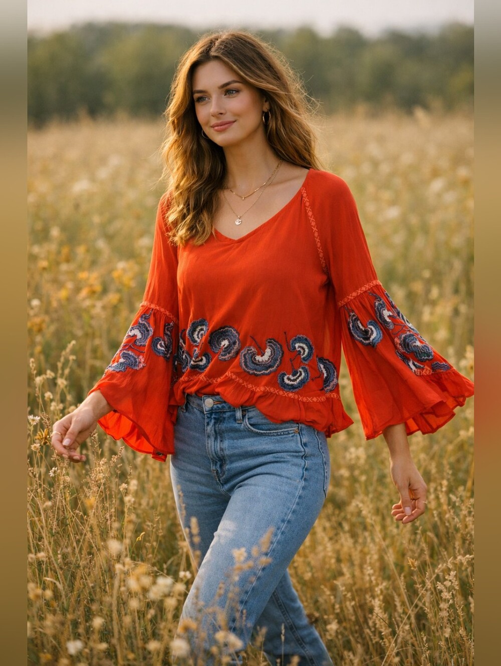 Anthropologie Chloe Oliver Red Embroidered Bell Sleeve Boho Peasant Top Size S